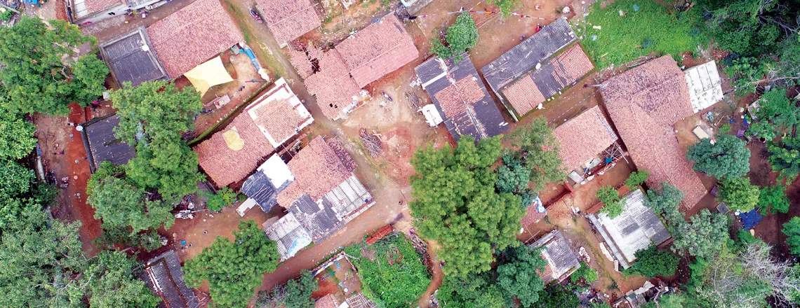 An aerial image taken by a drone of the Baba Pada slum in Belpahar, a town in Odisha’s Jharsuguda district