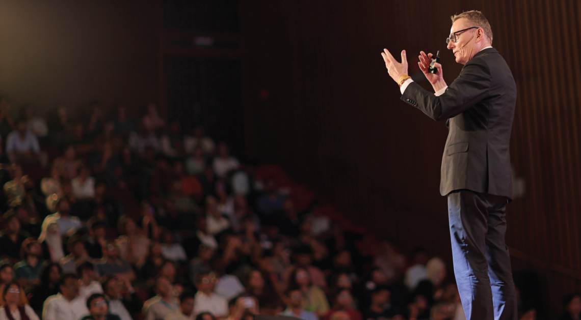 James Robinson addresses the audience at the Bengaluru edition of the Nobel Prize Dialogue India 2025
