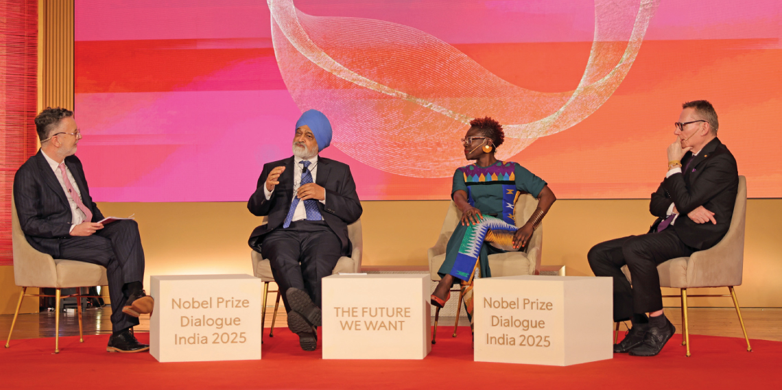 Moderator Owen Gaffney, Montek Singh Ahluwalia, Tolullah Oni and James Robinson during a panel discussion at the Dialogue