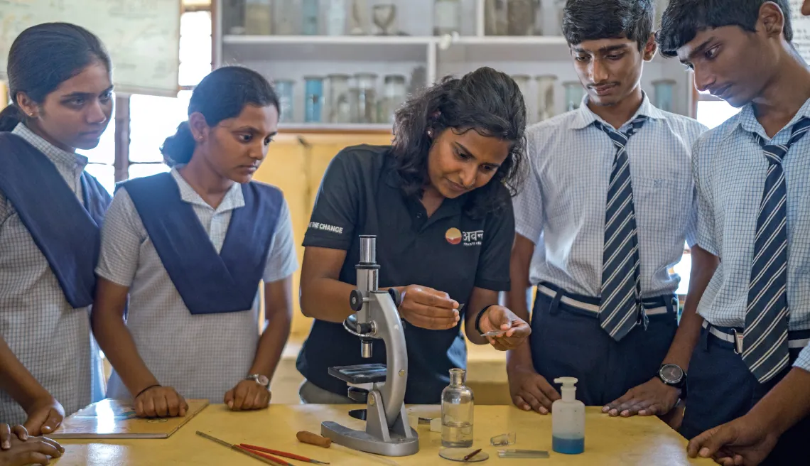 A teacher from Avanti and her students at the Jawahar Navodaya Vidyalaya in Hassan in Karnataka