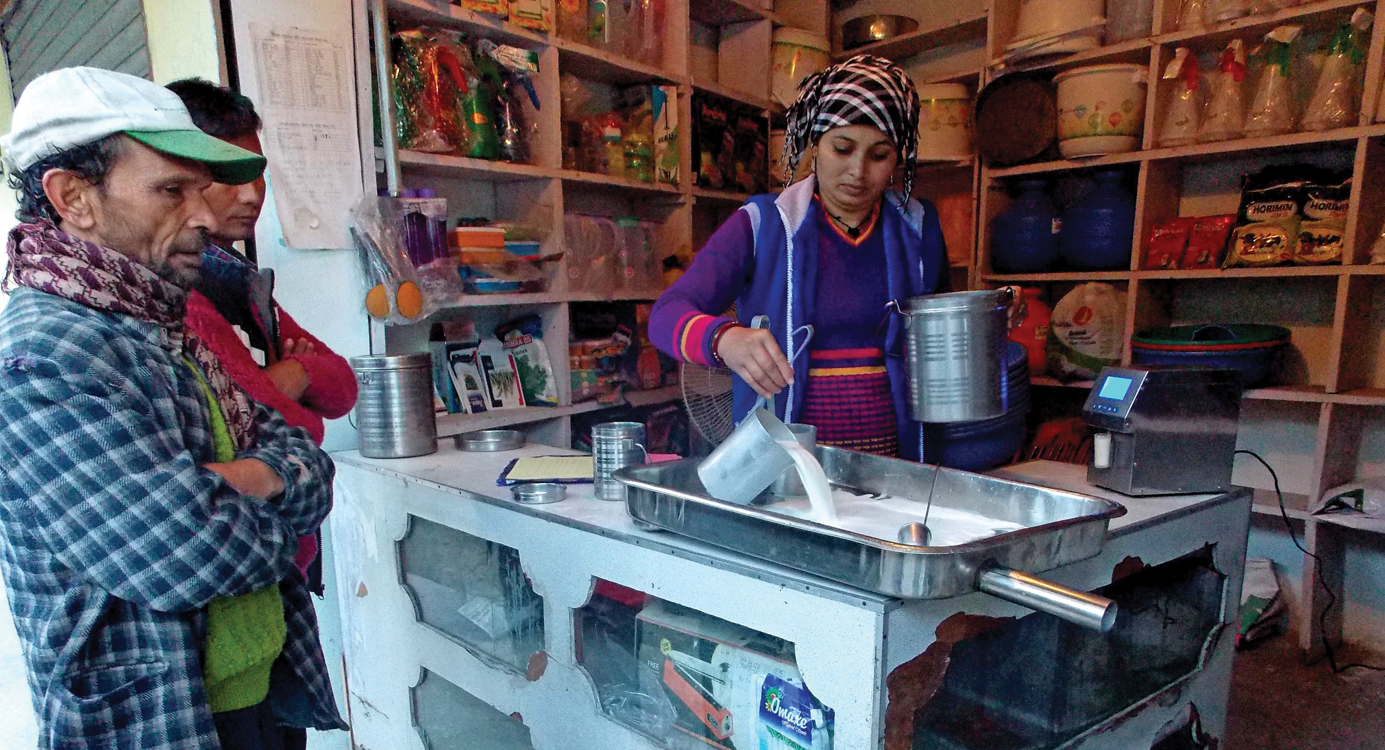 Milk being collected at a centre of the women-run Self Reliant Cooperative in Dharchula in Uttarakhand’s Pithoragarh district