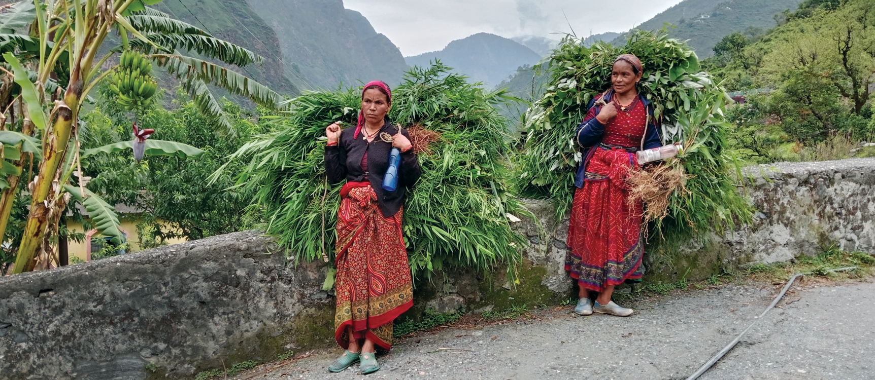 Two women from Nijmula village in Uttarakhand’s Chamoli district with fodder for their dairy animals
